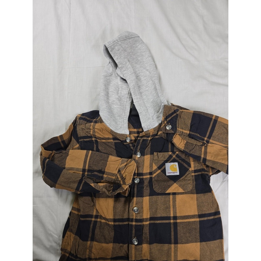 Carhartt Jacket Boys 8-10 Brown Plaid Flannel Hooded Button Up Shirt Casual Fall